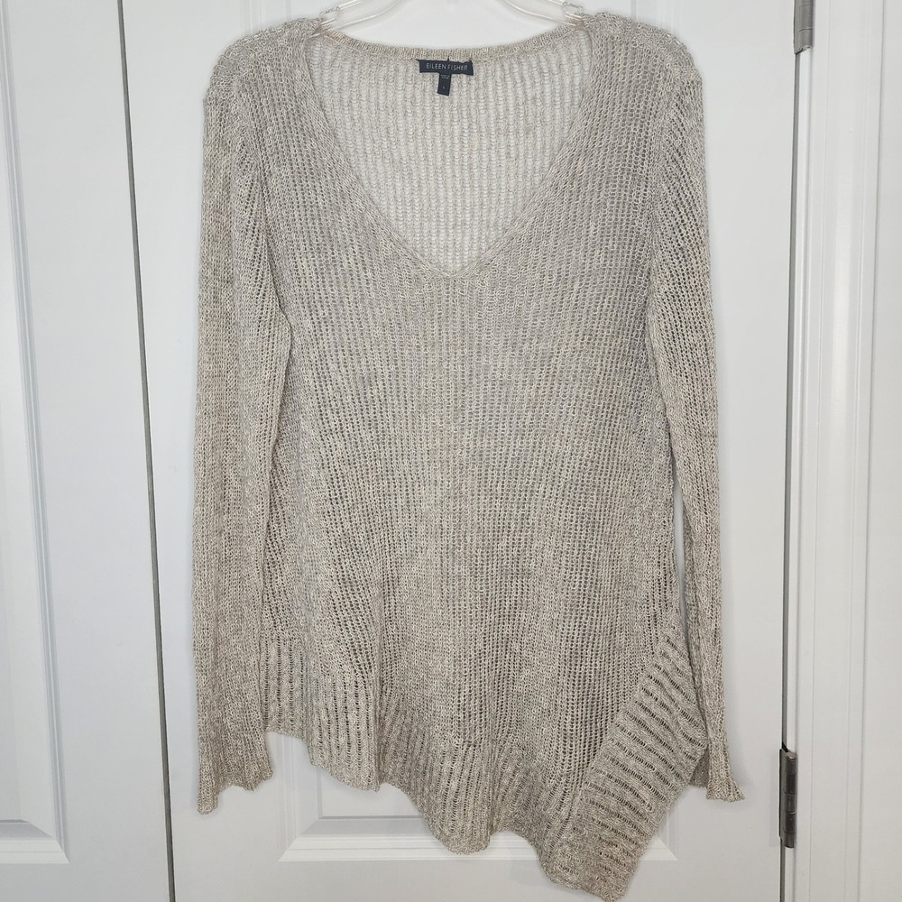 Eileen Fisher Knit Tunic Top V-Neck Long Sleeve Lightweight Beige Size L